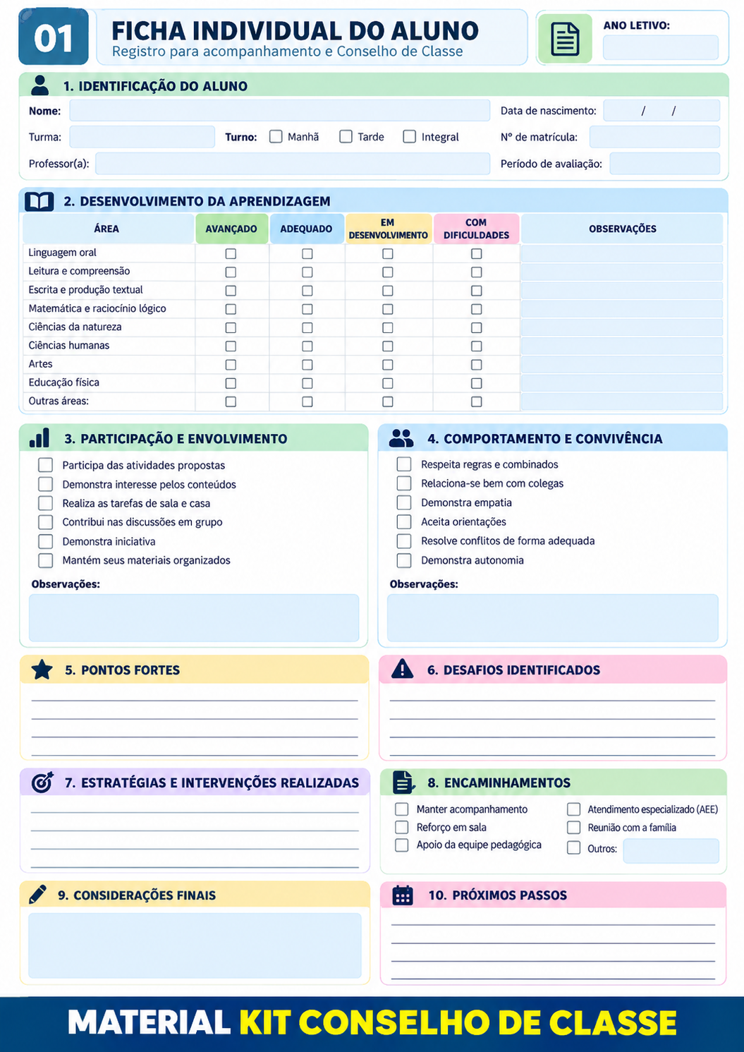 Ficha individual do aluno — acompanhamento e Conselho de Classe